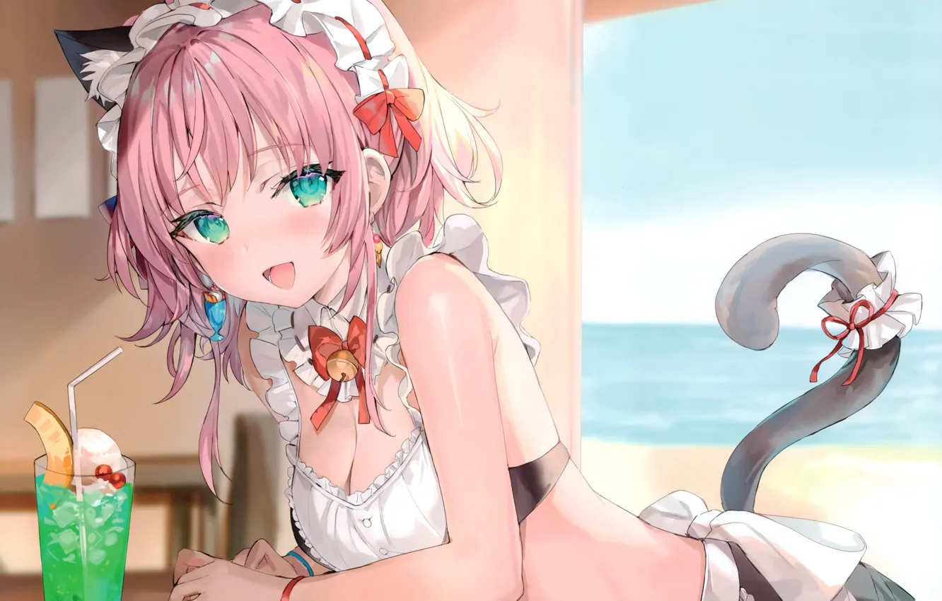 Photo wallpaper sea, cat, girl, the maid, cocktail, by Momoko