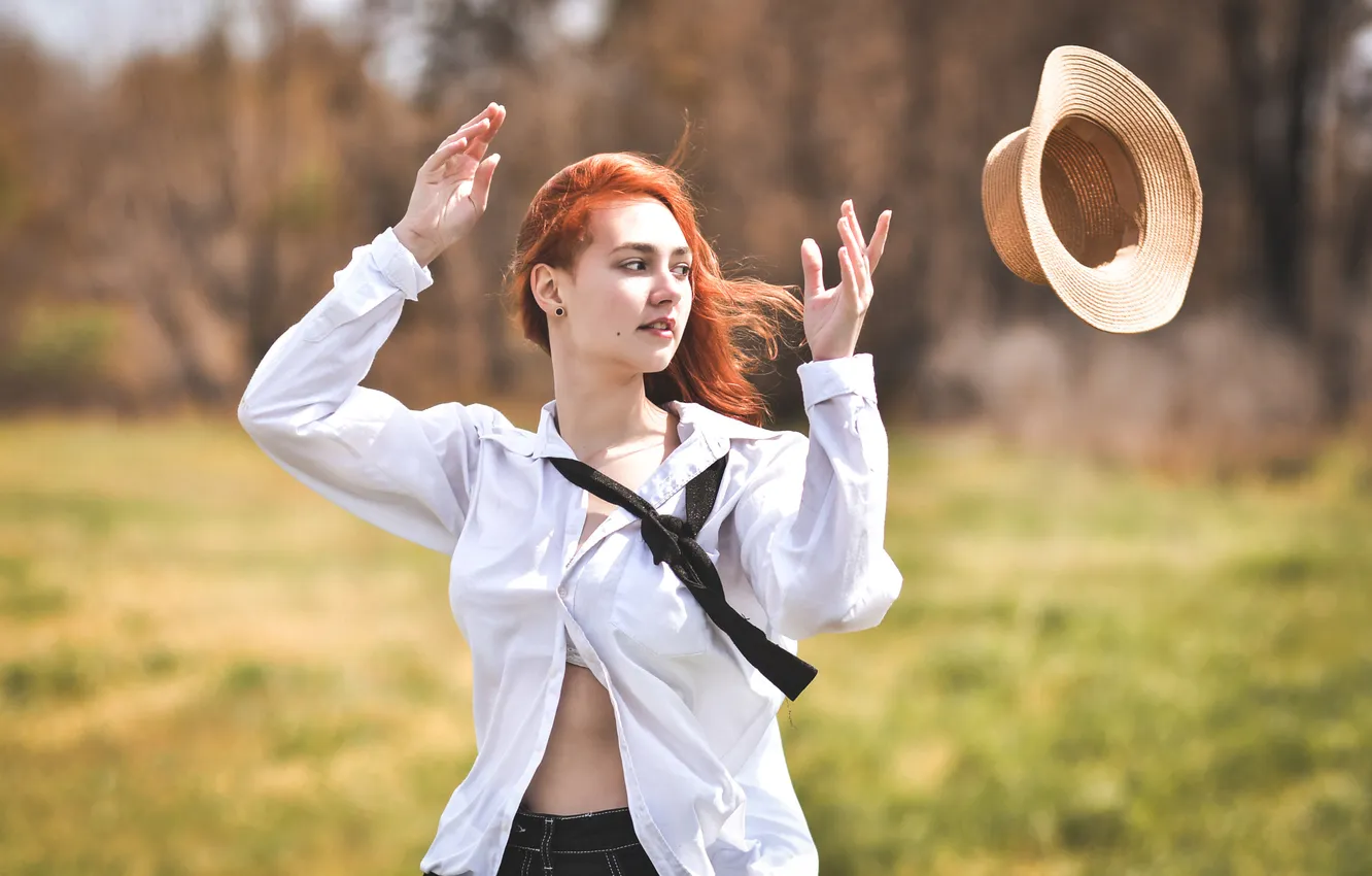 Photo wallpaper field, summer, look, girl, flight, nature, pose, the wind