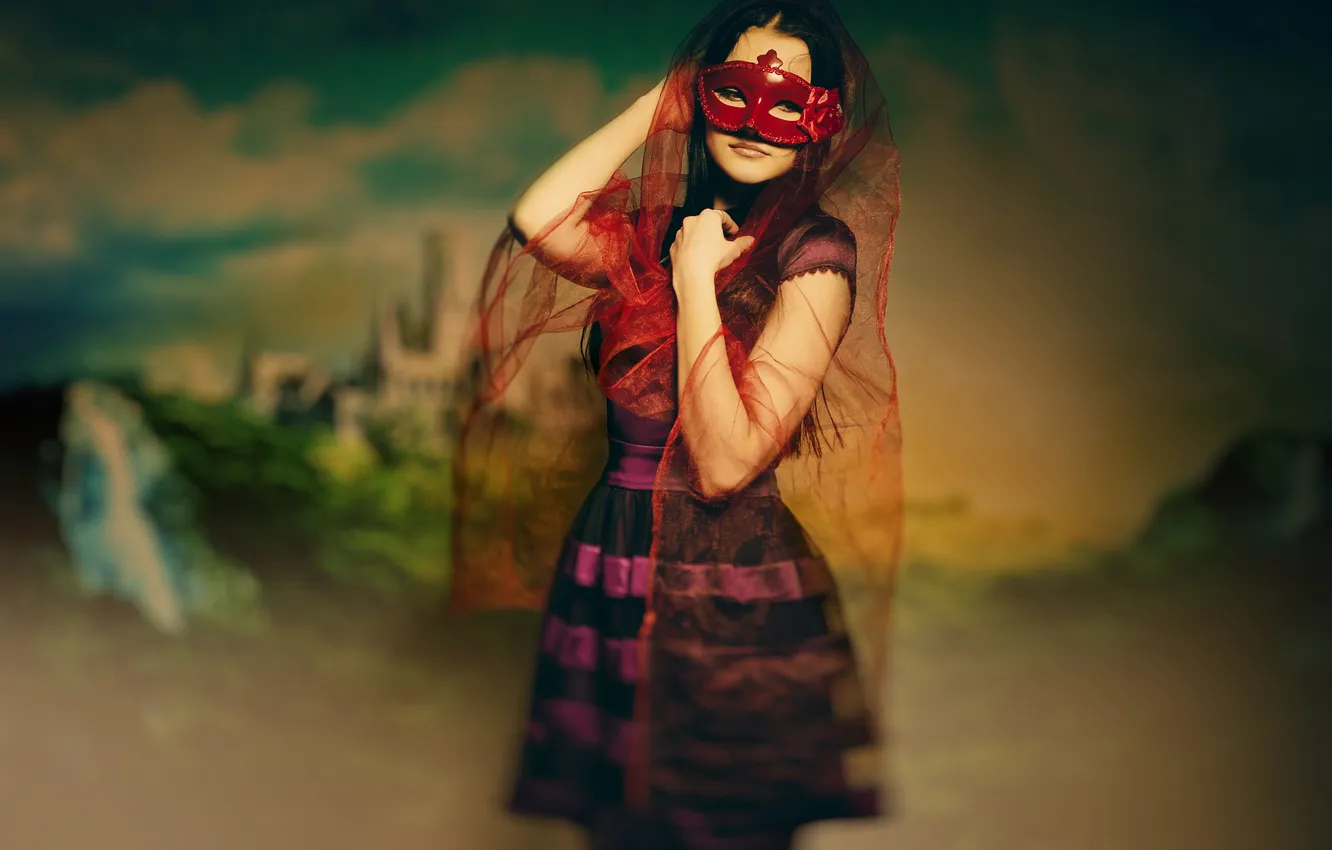 Photo wallpaper look, girl, nature, pose, style, castle, blur, dress