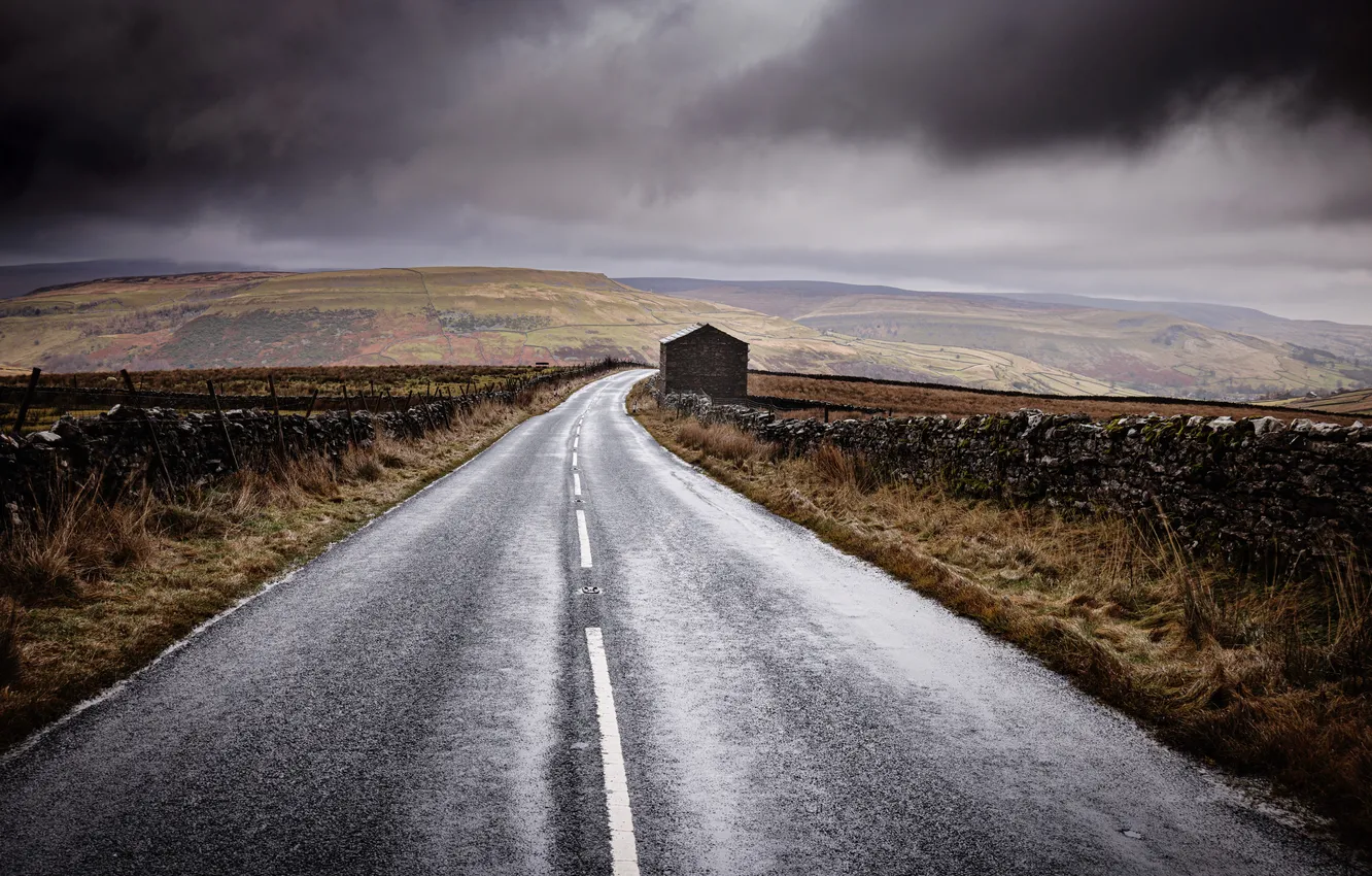 Photo wallpaper road, field, clouds