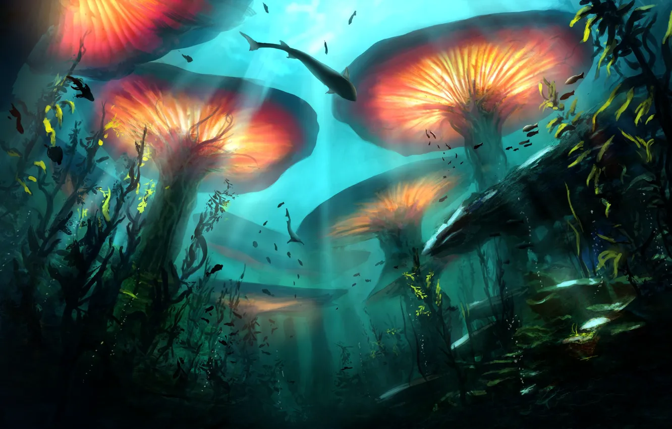 Photo wallpaper fish, plants, depth, fantasy, art, underwater world