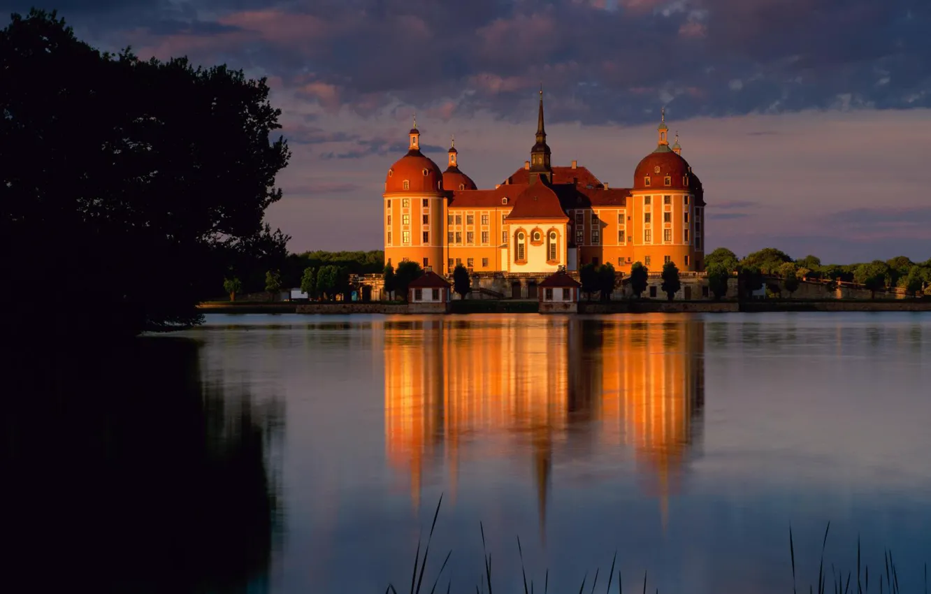 Photo wallpaper sunset, lake, pond, castle, the evening, Germany, Moritzburg