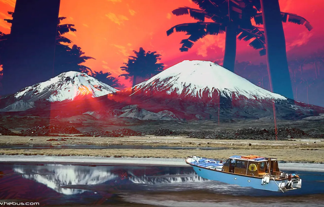 Photo wallpaper water, mountains, palm trees, boat