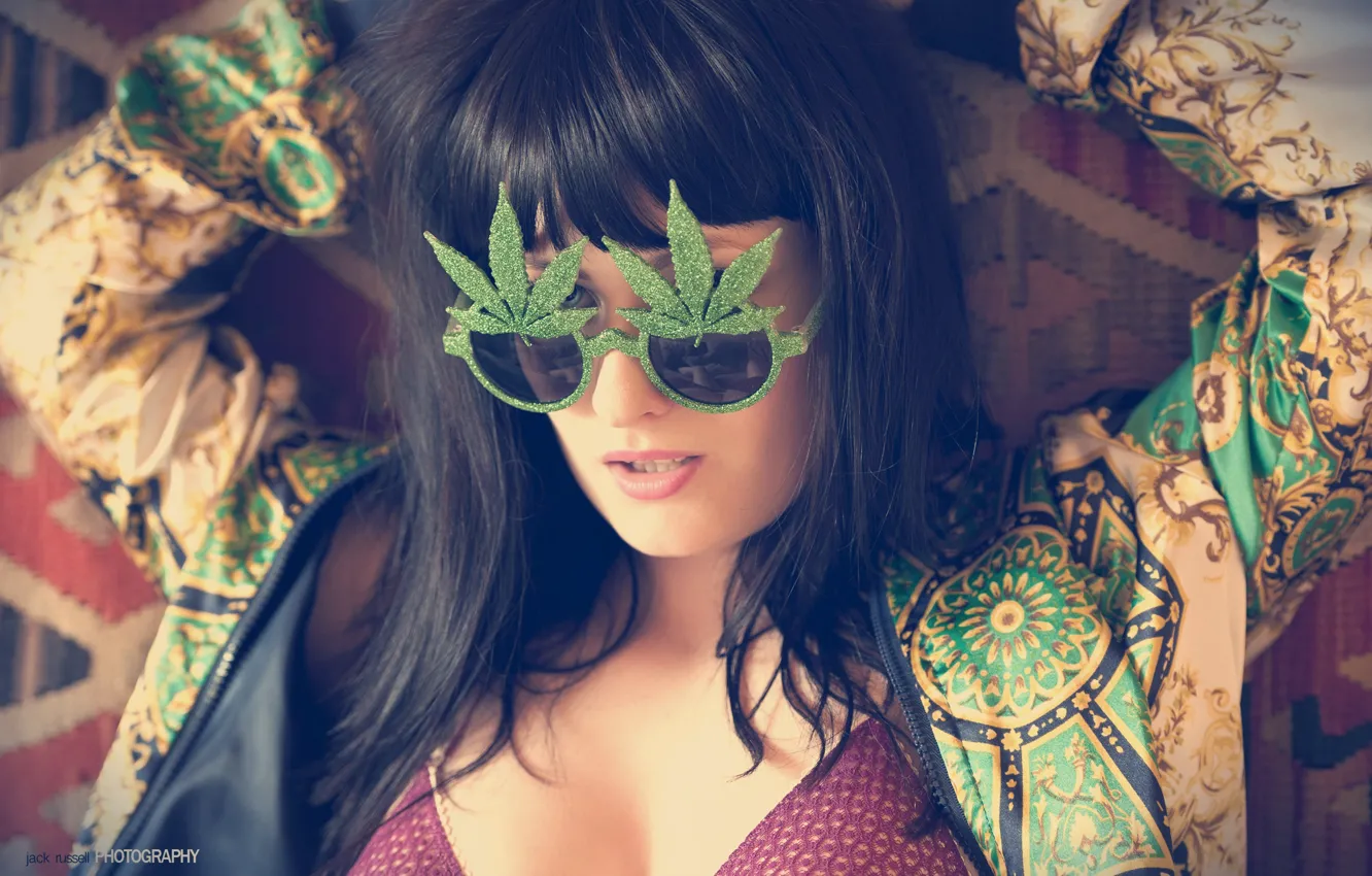 Photo wallpaper brunette, glasses, jacket, Jack Russell, Jessica Lou Regan