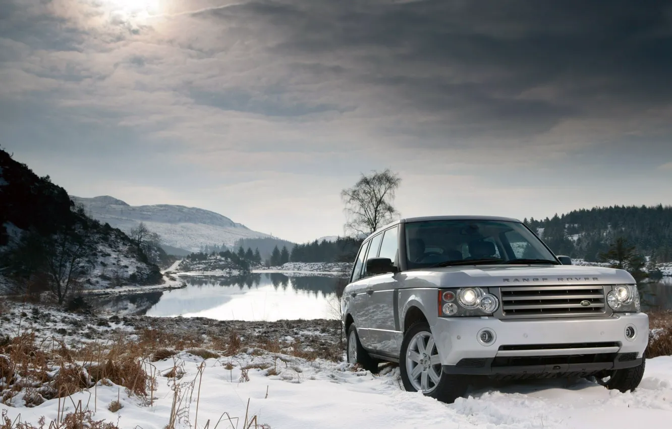 Photo wallpaper winter, snow, lake, land rover