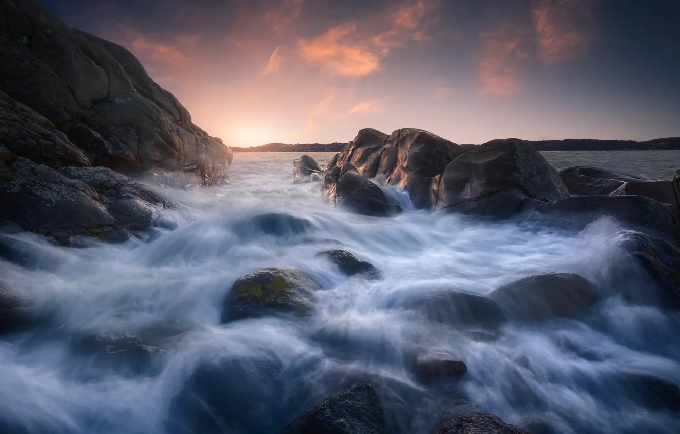 Photo wallpaper sea, sunset, stones, rocks, Norway, Norway, the fjord, Larvik
