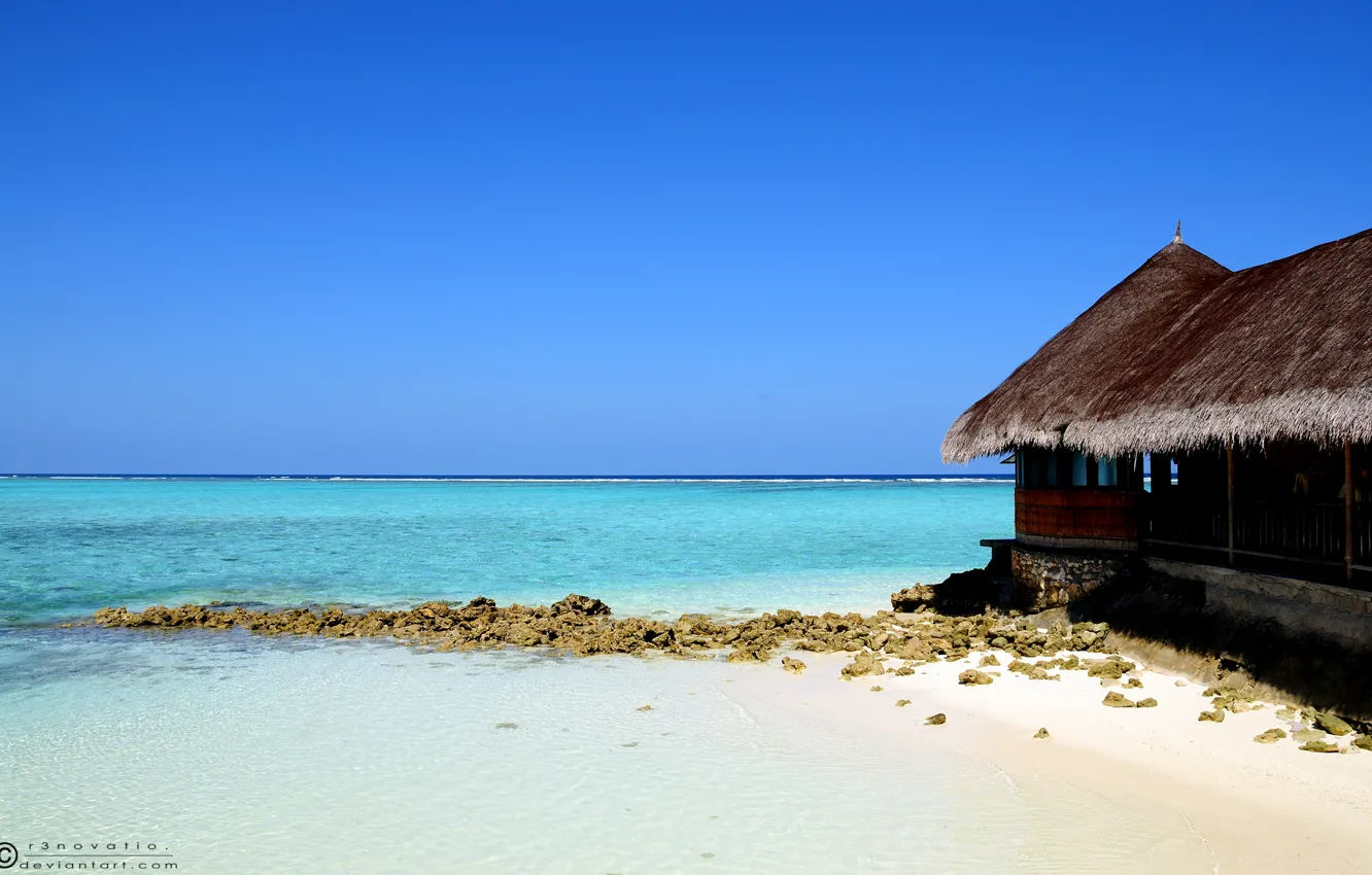 Photo wallpaper Water, Sand, Sea, Island, Blue, Hut