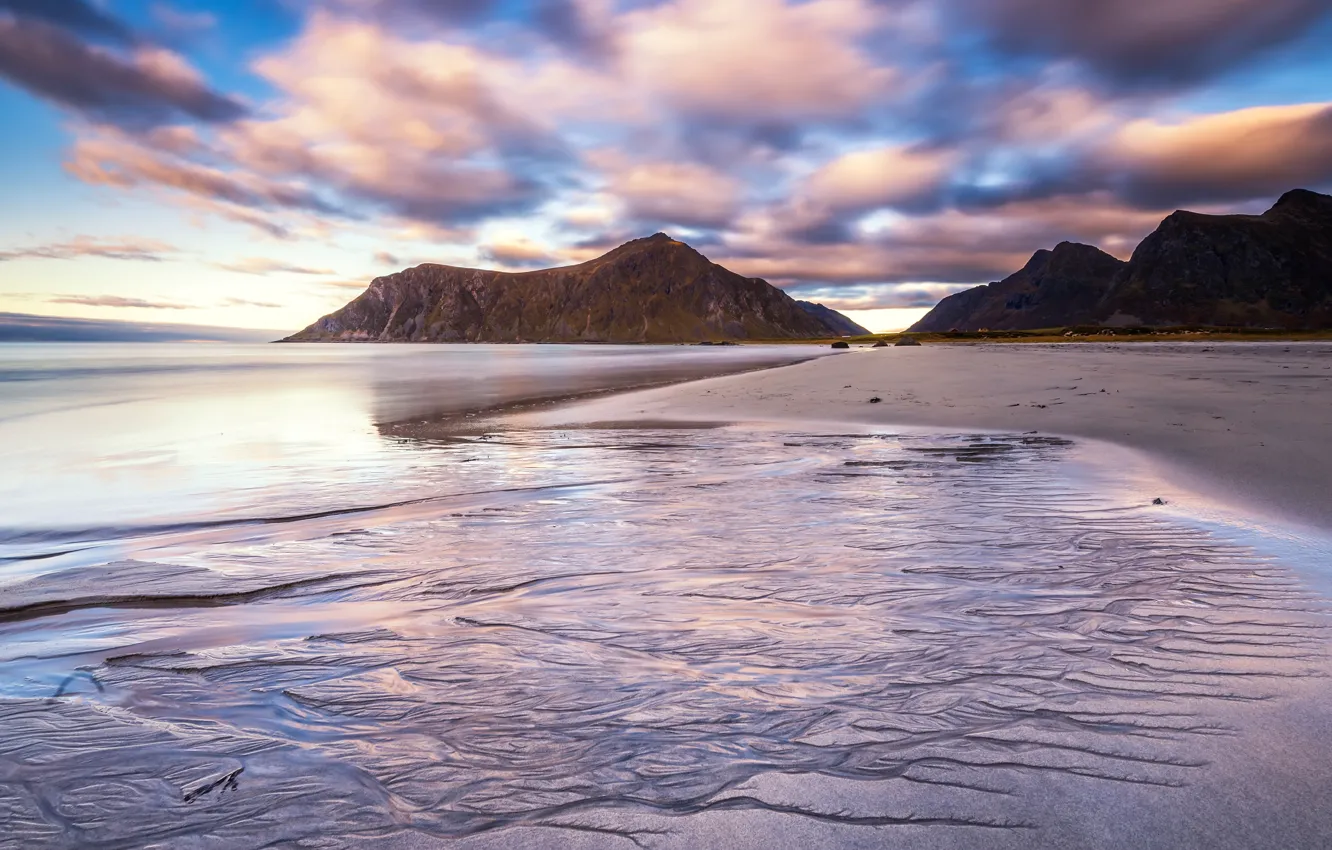 Photo wallpaper sand, sea, beach, the sky, clouds, landscape, mountains, nature