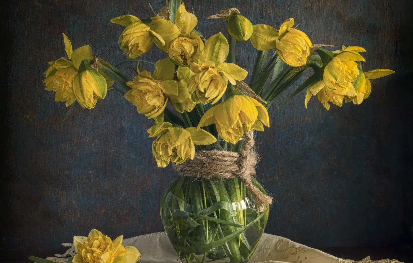 Photo wallpaper flowers, background, bouquet, spring, rope, yellow, vase, still life