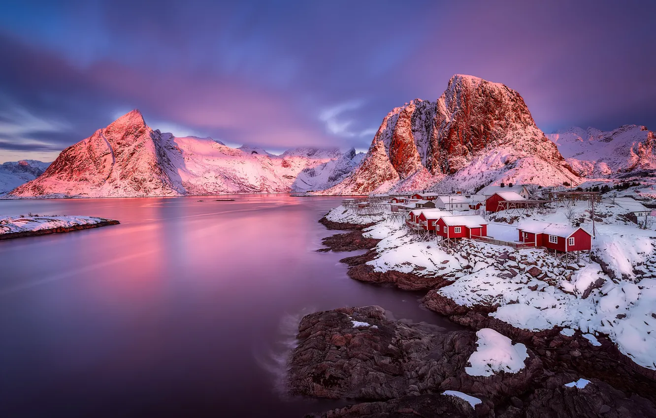 Photo wallpaper the sky, light, mountains, the evening, morning, Norway, town, the village