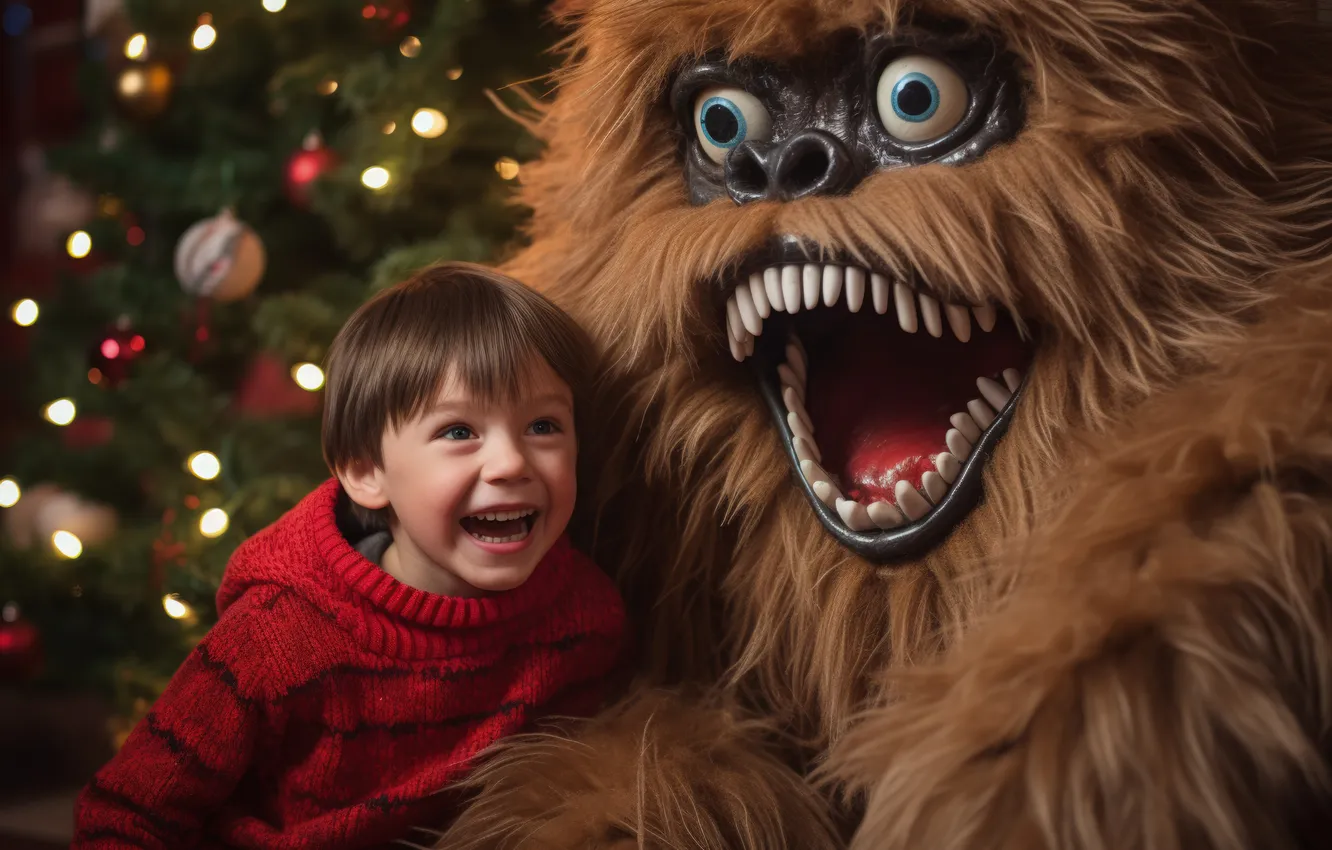 Photo wallpaper joy, smile, toy, tree, new year, monster, boy, Christmas