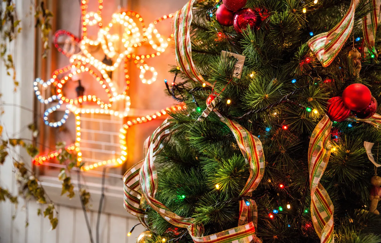 Photo wallpaper winter, balls, branches, holiday, balls, toy, tree, new year