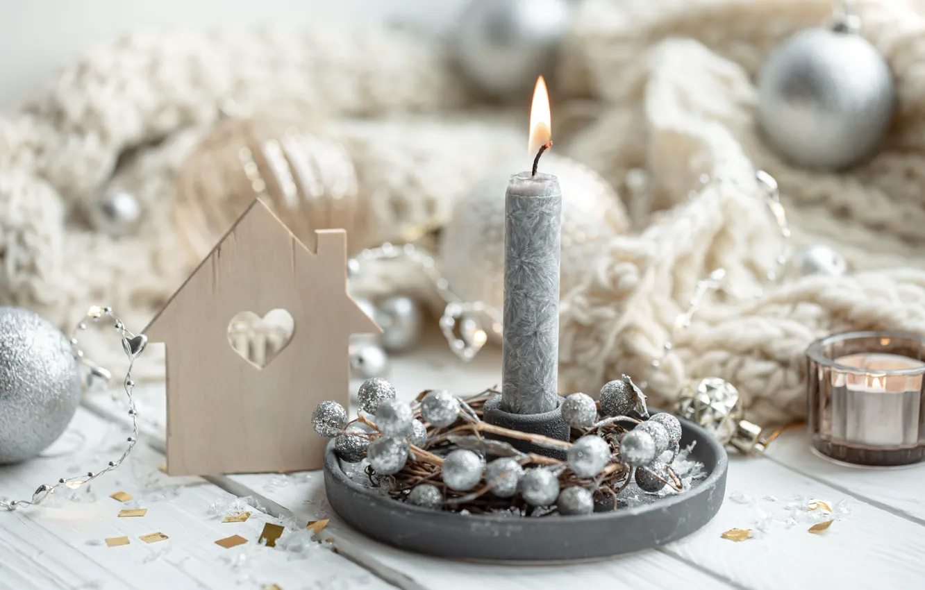 Photo wallpaper balls, balls, candle, Christmas, New year, house, decoration