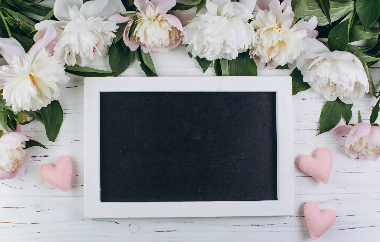 Photo wallpaper flowers, frame, hearts, white, white, wood, flowers, hearts