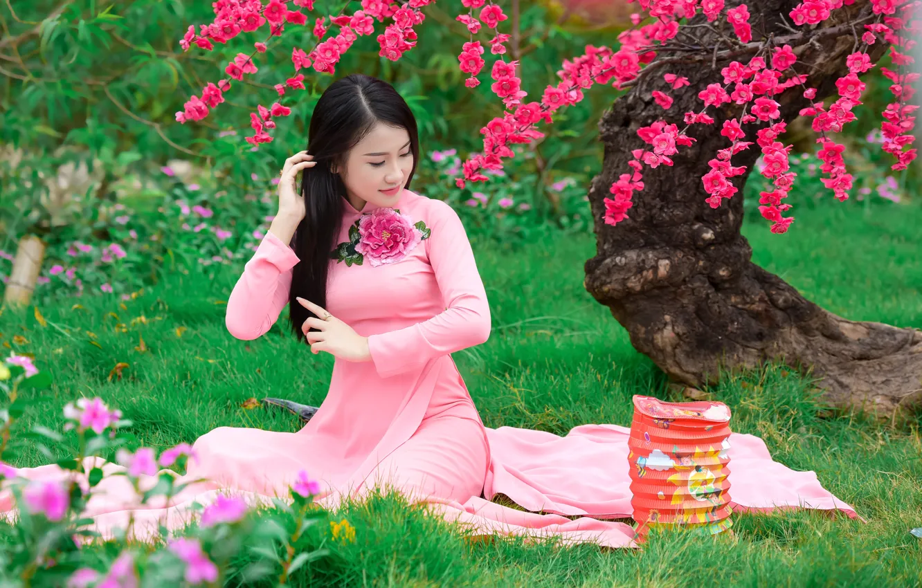 Photo wallpaper grass, face, Sakura, dress, Asian, sitting, flowering