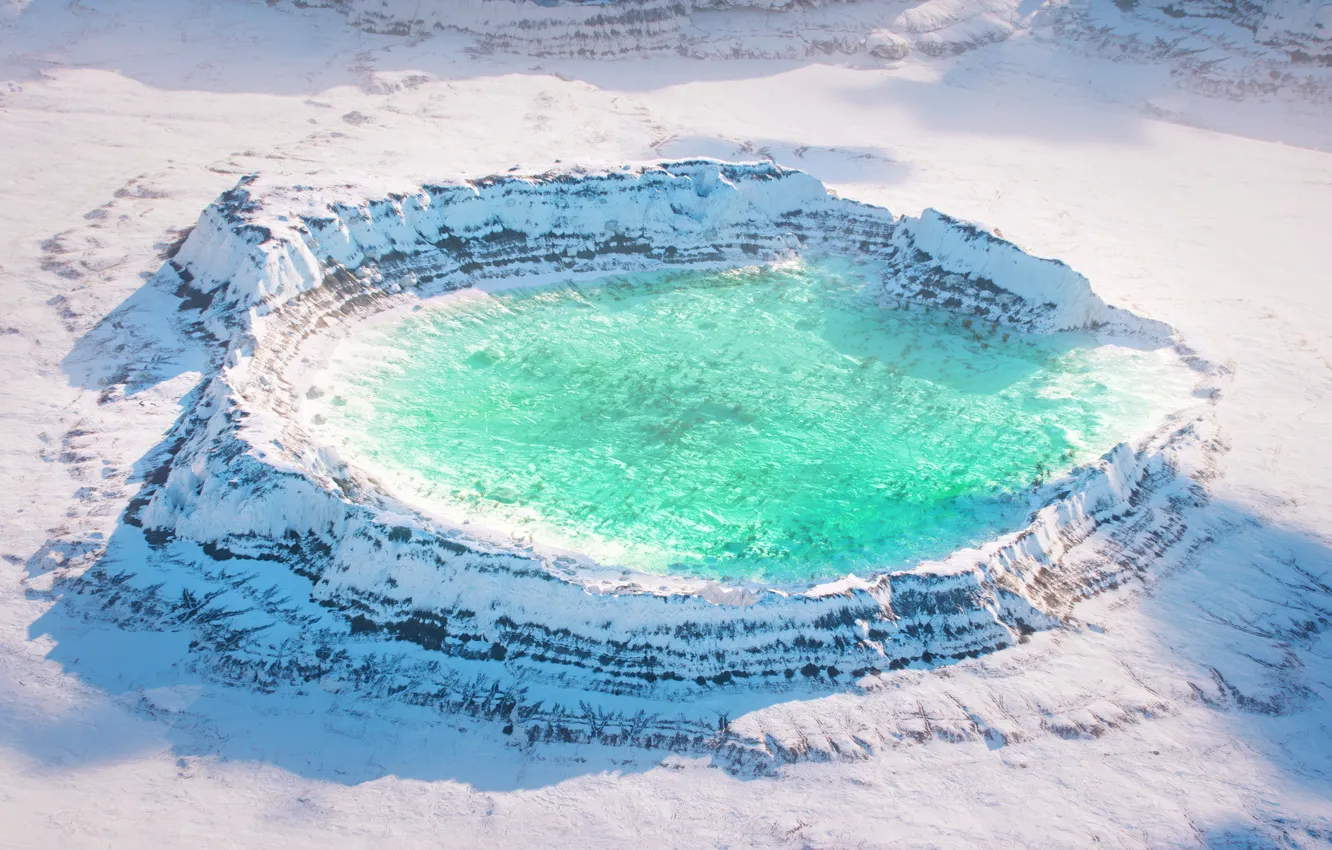 Photo wallpaper nature, beauty, nature, snowy, cold, Crater Lake, aerial view, Glacial Lake