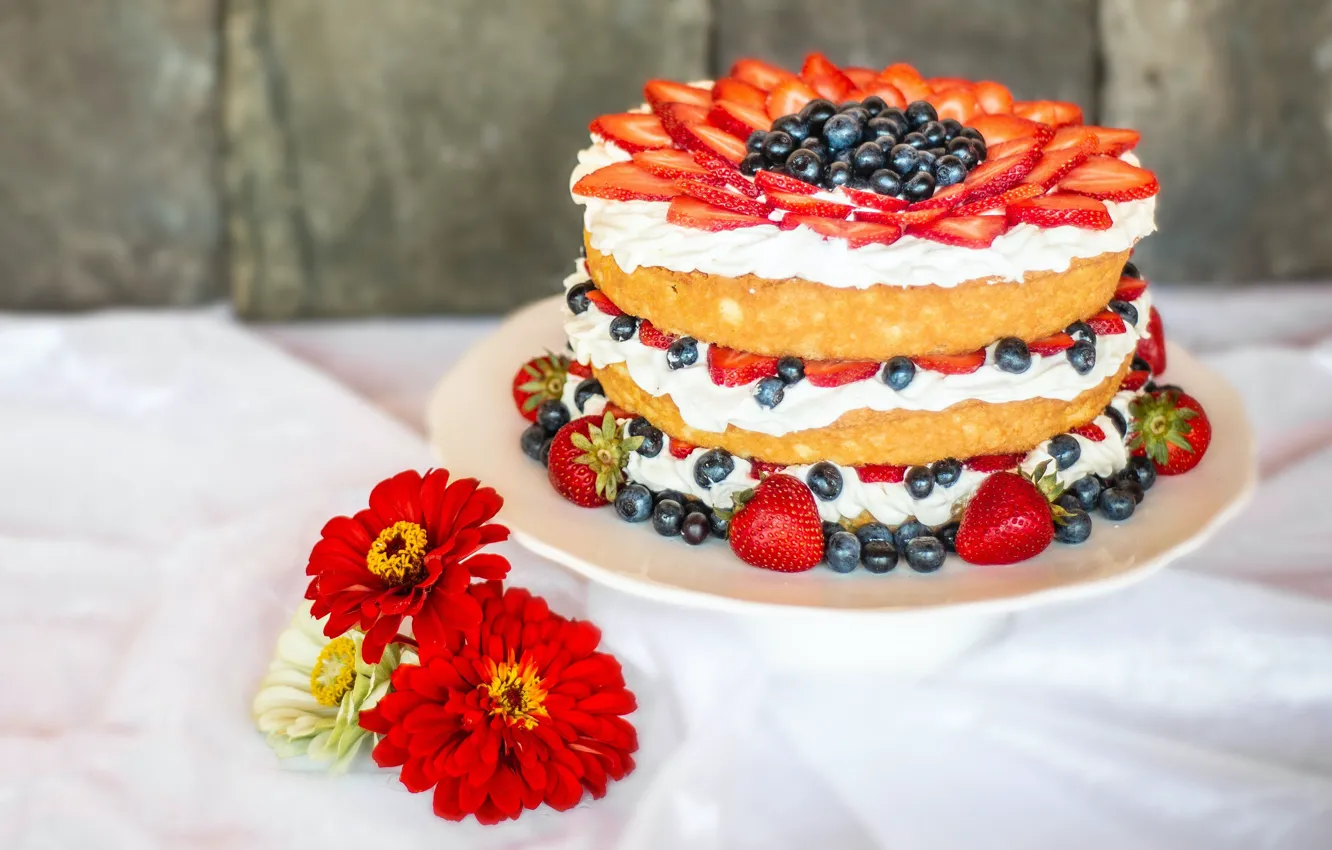 Photo wallpaper flowers, red, berries, blueberries, strawberry, cake, cream, dessert