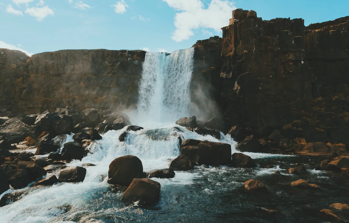 Photo wallpaper sky, rocks, waterfall, stream, sunny