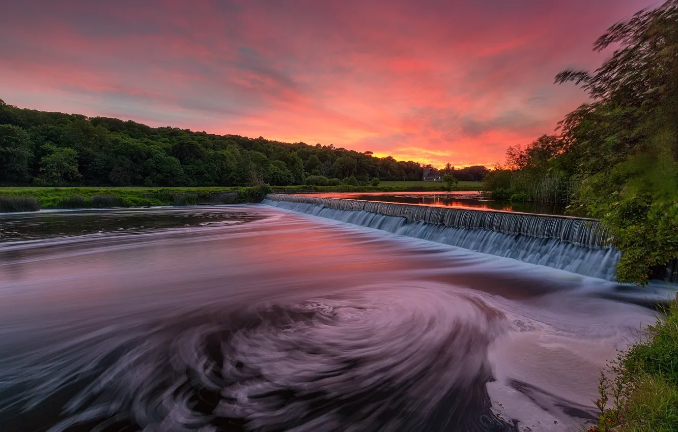 Photo wallpaper lake, waterfall, dawn