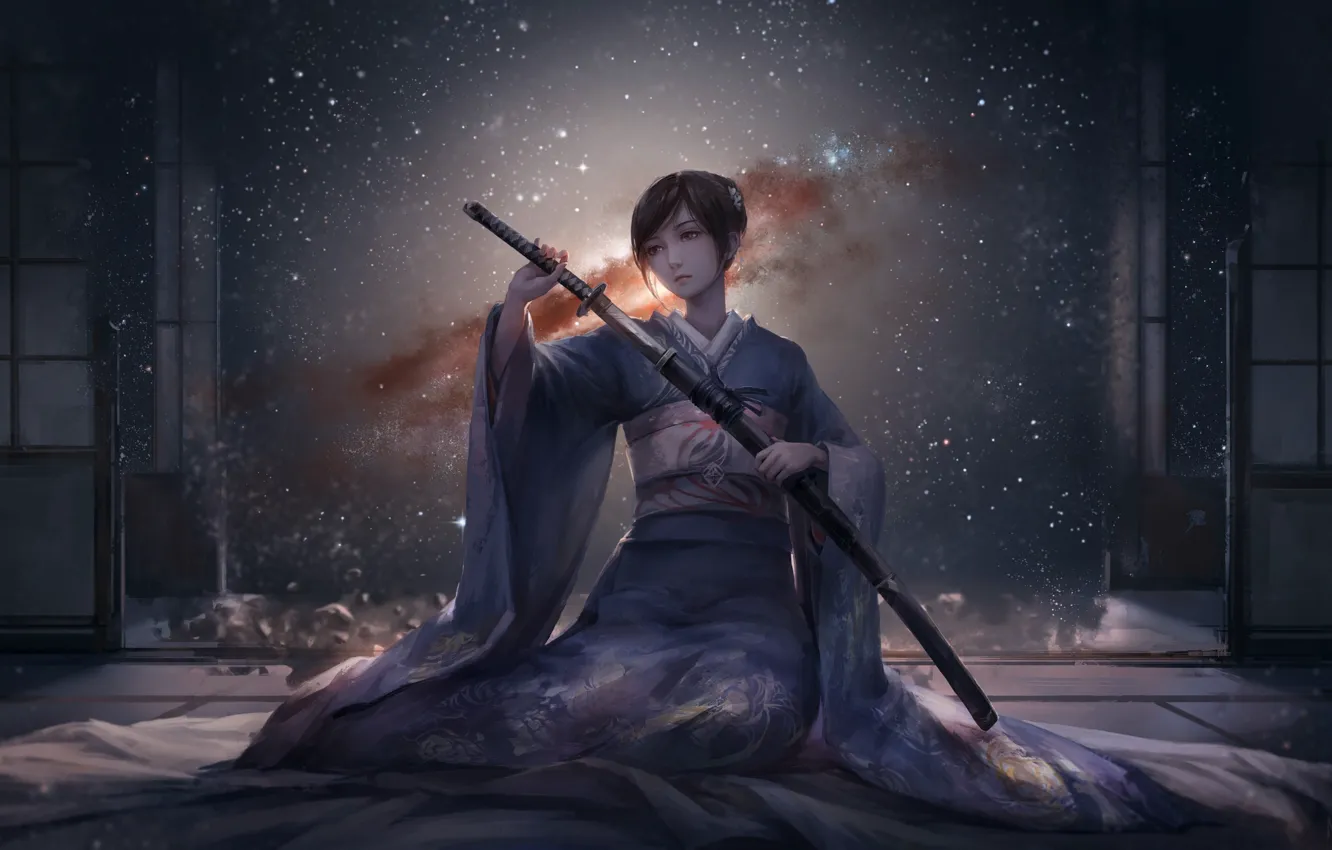 Photo wallpaper kimono, beautiful girl, charm, beautiful girl, fantasy art, starry night, kimono, samurai sword