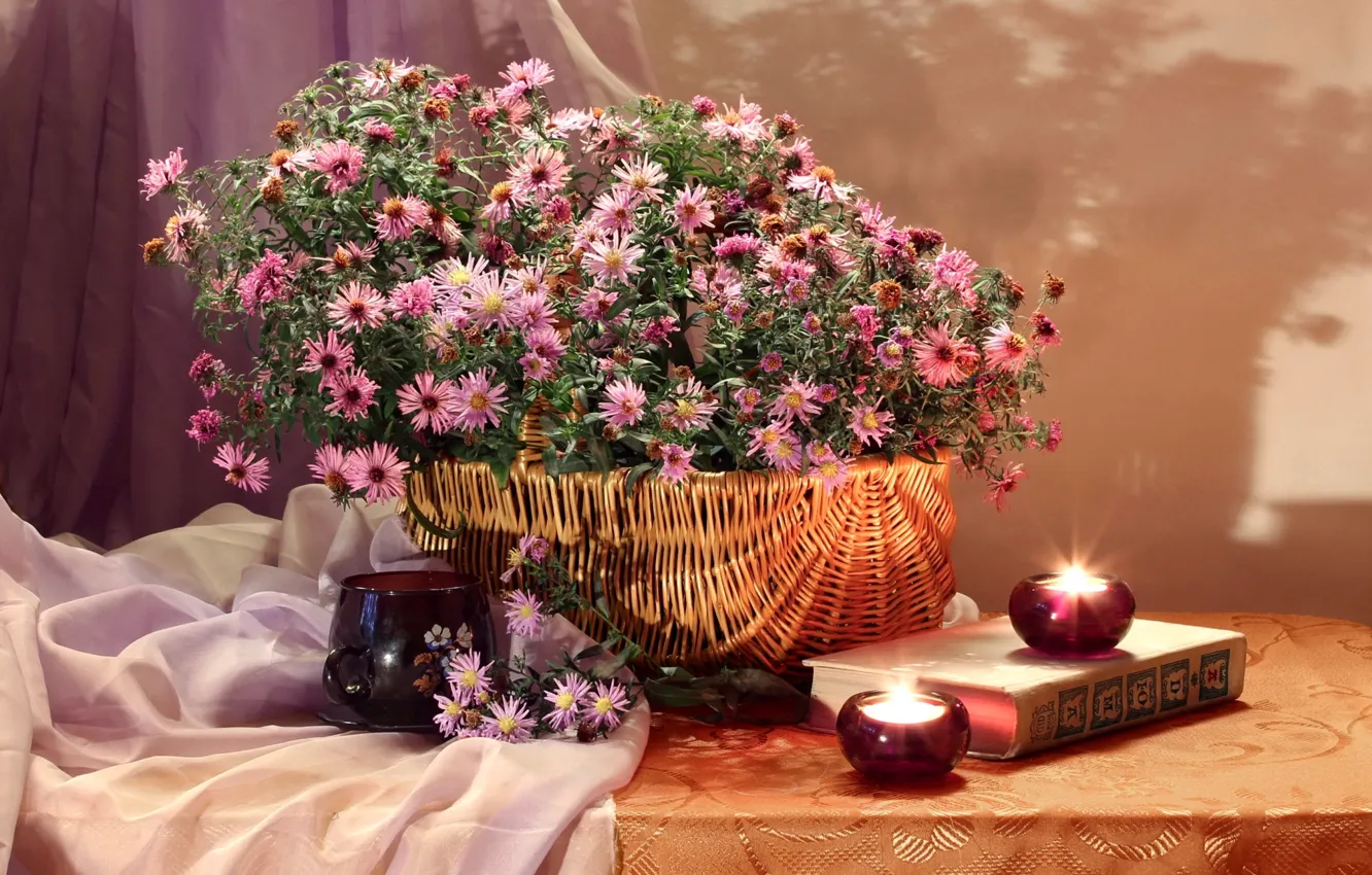 Photo wallpaper basket, candles, asters