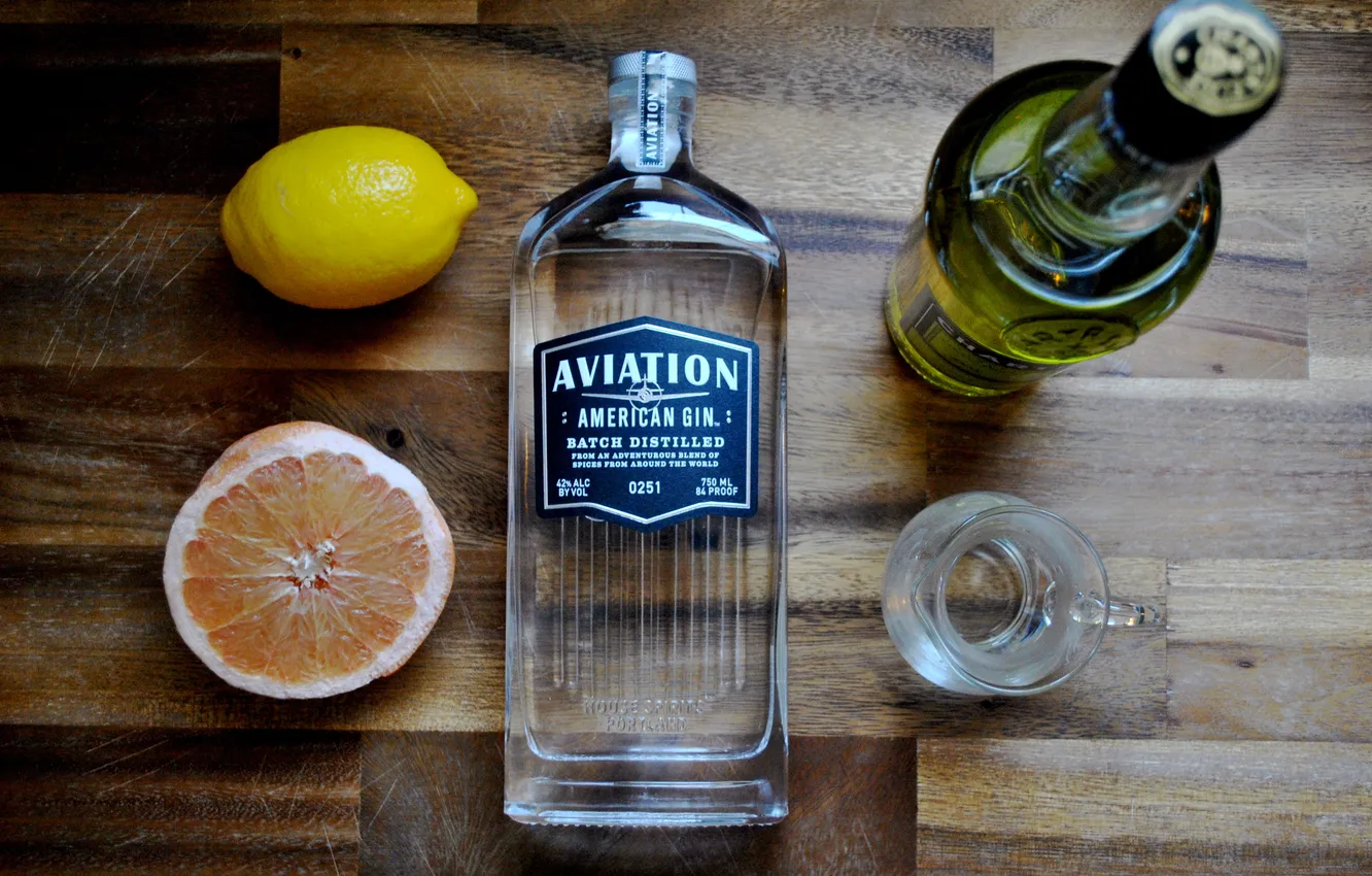 Photo wallpaper glass, wood, table, bottle, gin cocktails