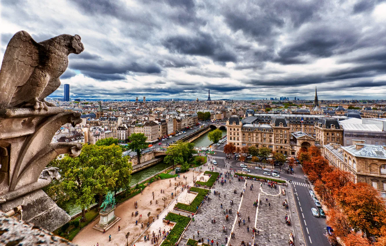 Photo wallpaper autumn, the sky, clouds, trees, clouds, bridge, river, street
