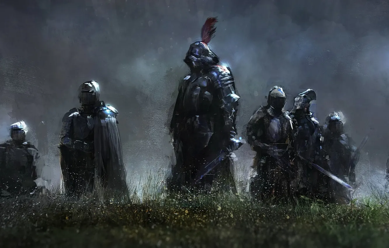 Photo wallpaper grass, fog, weapons, armor, warrior, knight