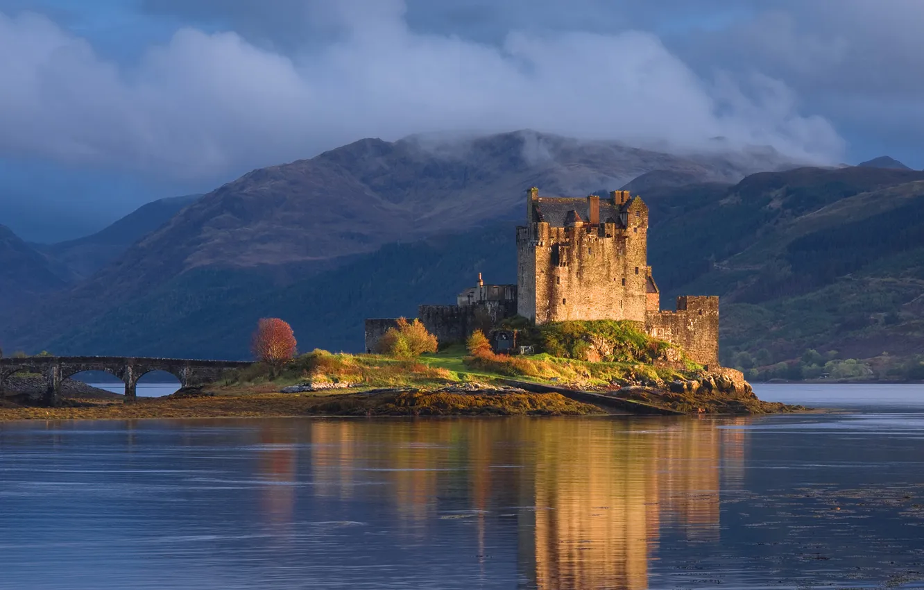 Photo wallpaper clouds, mountains, bridge, lake, castle, Scotland