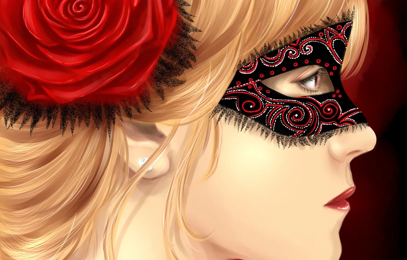 Photo wallpaper girl, red, face, background, roses, mask, art, blonde