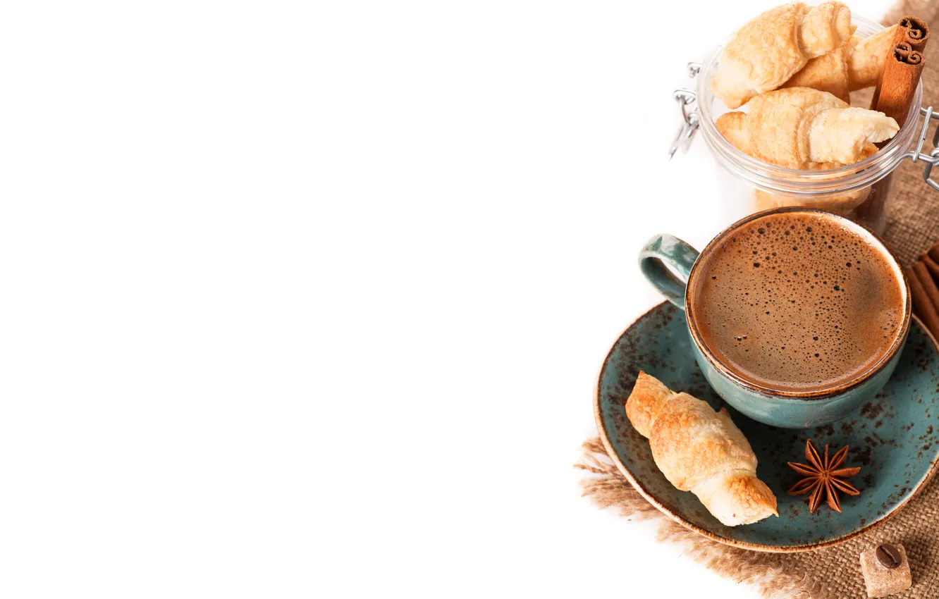 Photo wallpaper coffee, mug, sugar, drink, cinnamon, saucer, foam, croissant