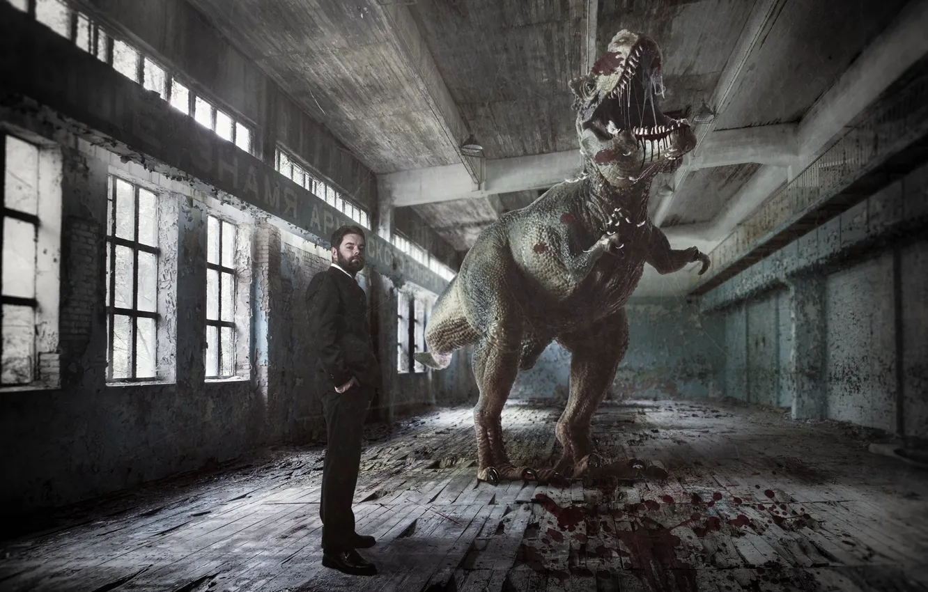 Photo wallpaper people, dinosaur, hall