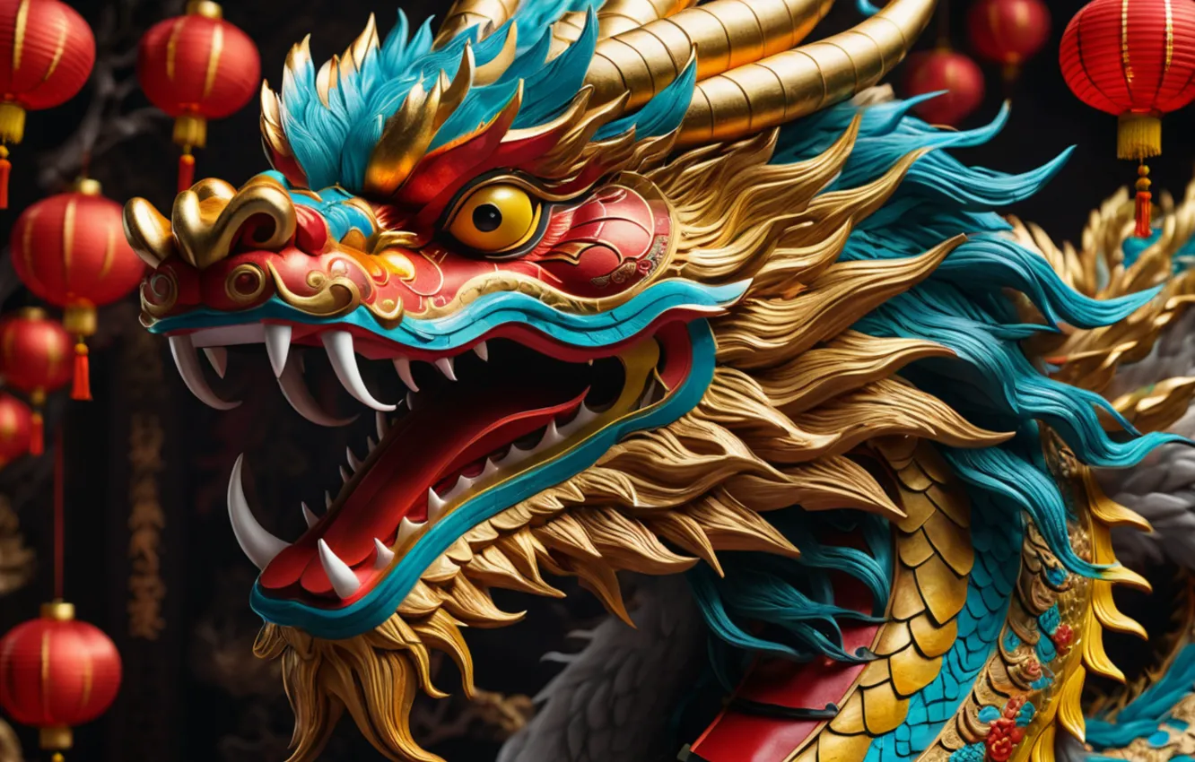 Photo wallpaper dragon, colorful, New year, golden, gold, symbol, Chinese, symbol of the year