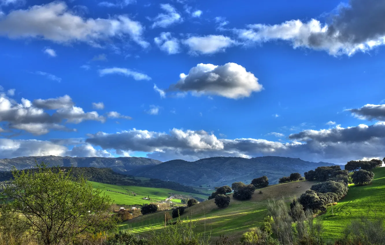 Photo wallpaper the sky, clouds, mountains, valley