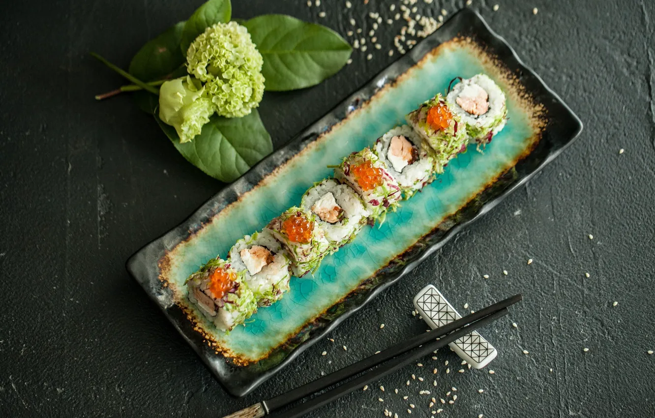 Photo wallpaper sushi, fish, seafood, food, figure, caviar, plate, sticks