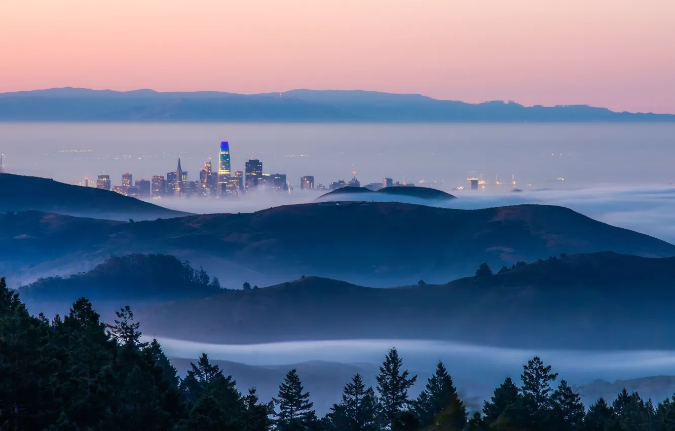 Photo wallpaper city, the city, fog, hills, fog, hills, Keren Wang