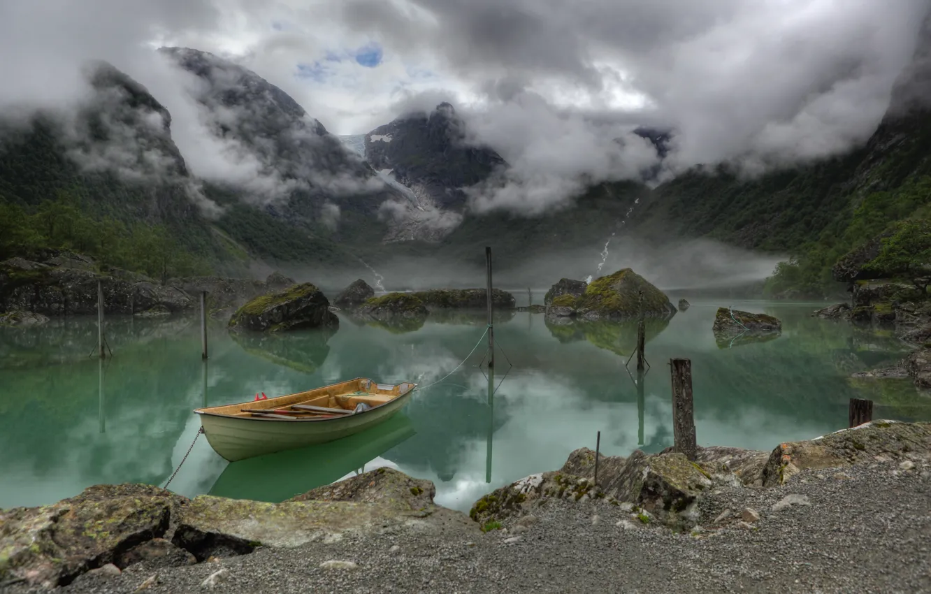 Photo wallpaper mountains, fog, lake, boat, Norway, Lake, Bondhus