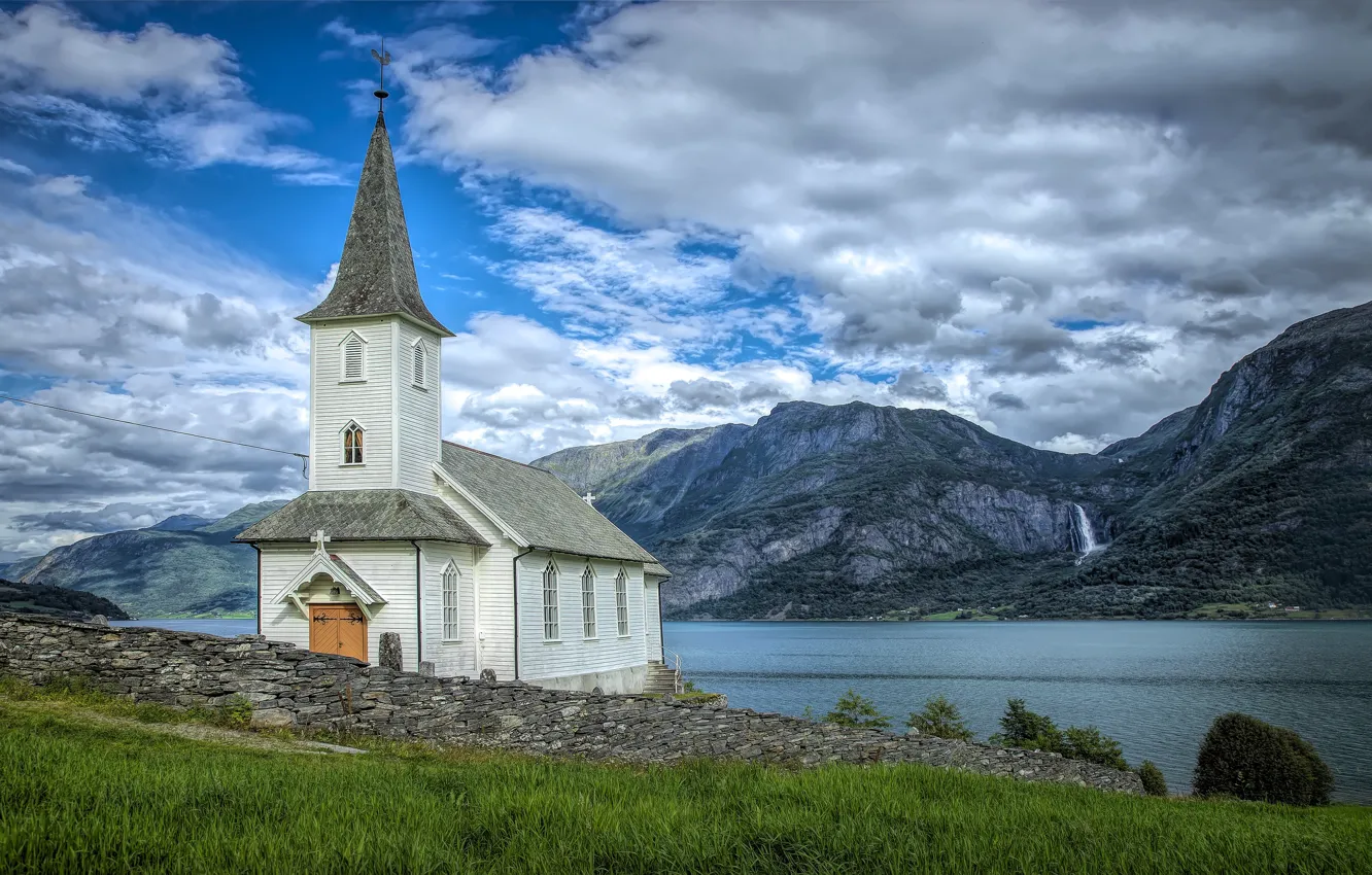 Photo wallpaper mountains, Norway, Church, Norway, the fjord, Hejheimsvik, Lustrafjord, Feige Waterfall