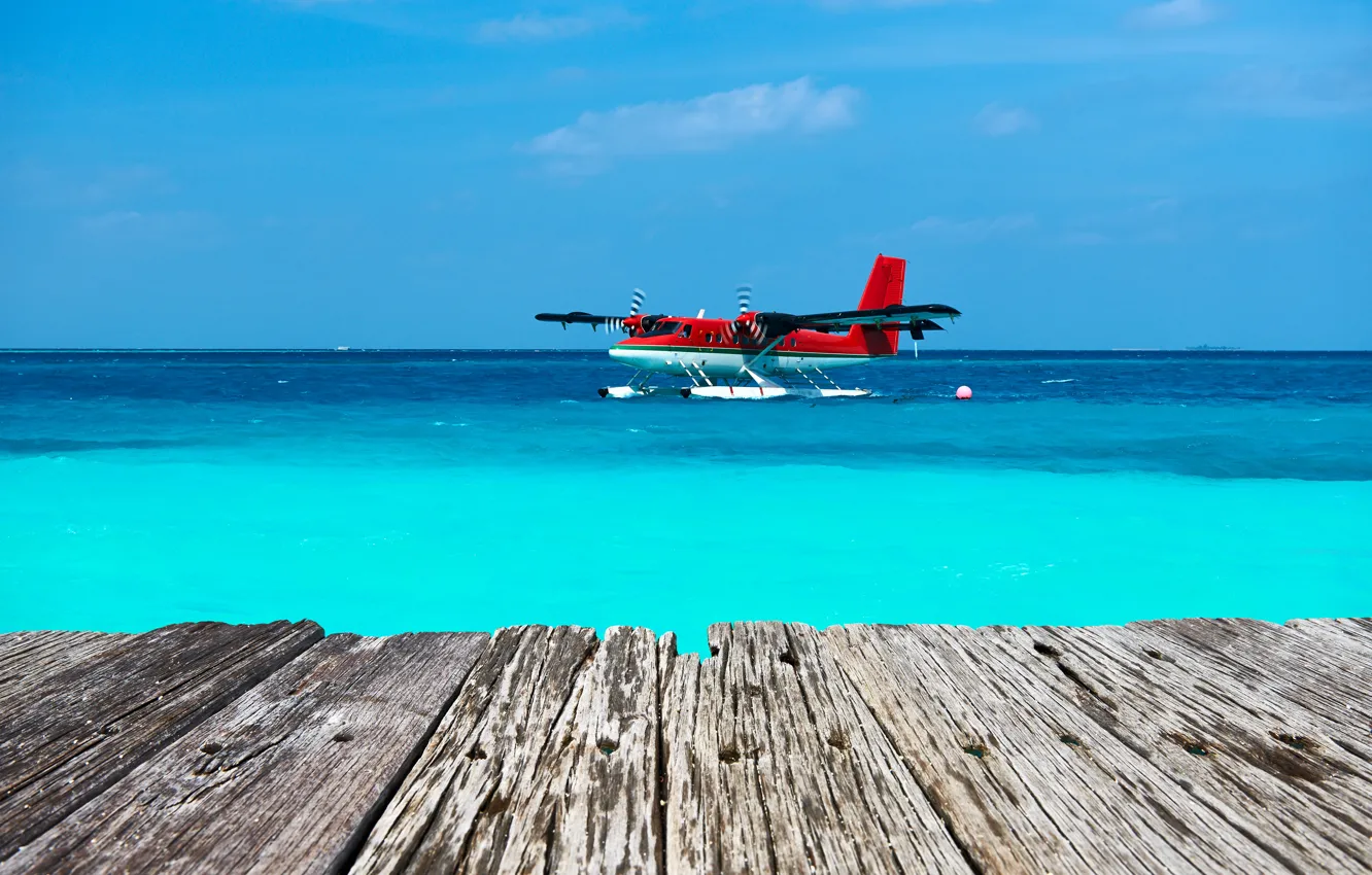 Photo wallpaper sea, the sky, the sun, horizon, seaplane
