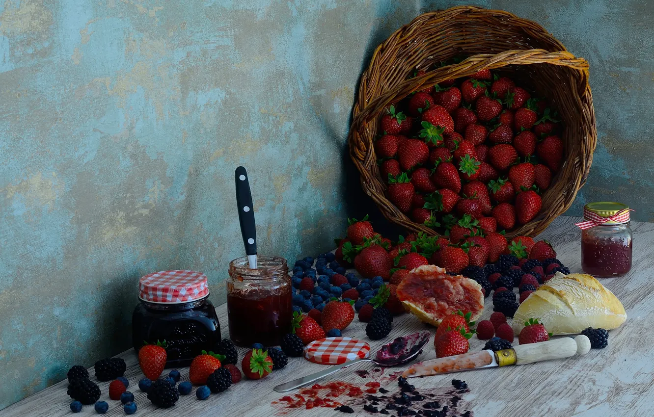 Photo wallpaper berries, table, wall, harvest, blueberries, strawberry, bread, spoon