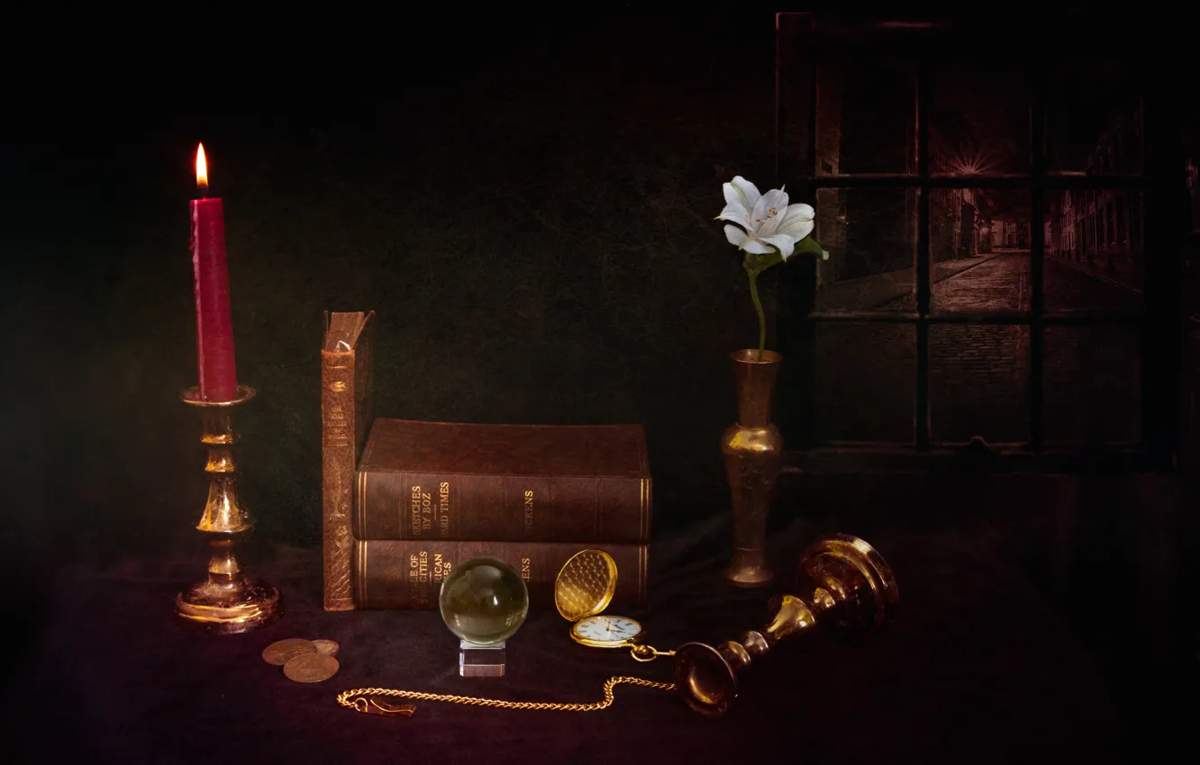 Photo wallpaper flower, watch, books, candle, coins, still life