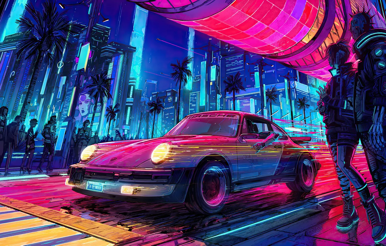 Photo wallpaper future, palm trees, the game, people, speed, technology, neon, game