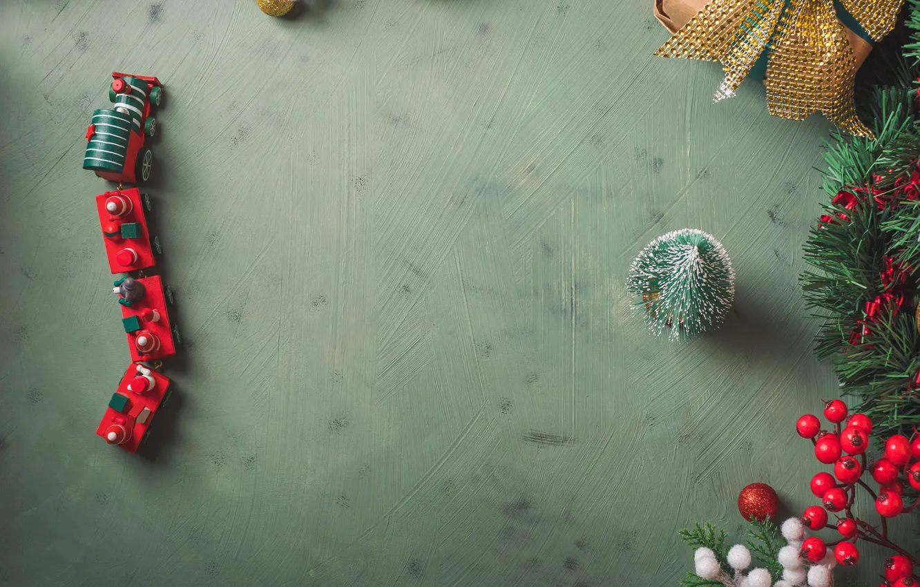 Photo wallpaper balls, berries, holiday, toy, Christmas, New year, train, herringbone