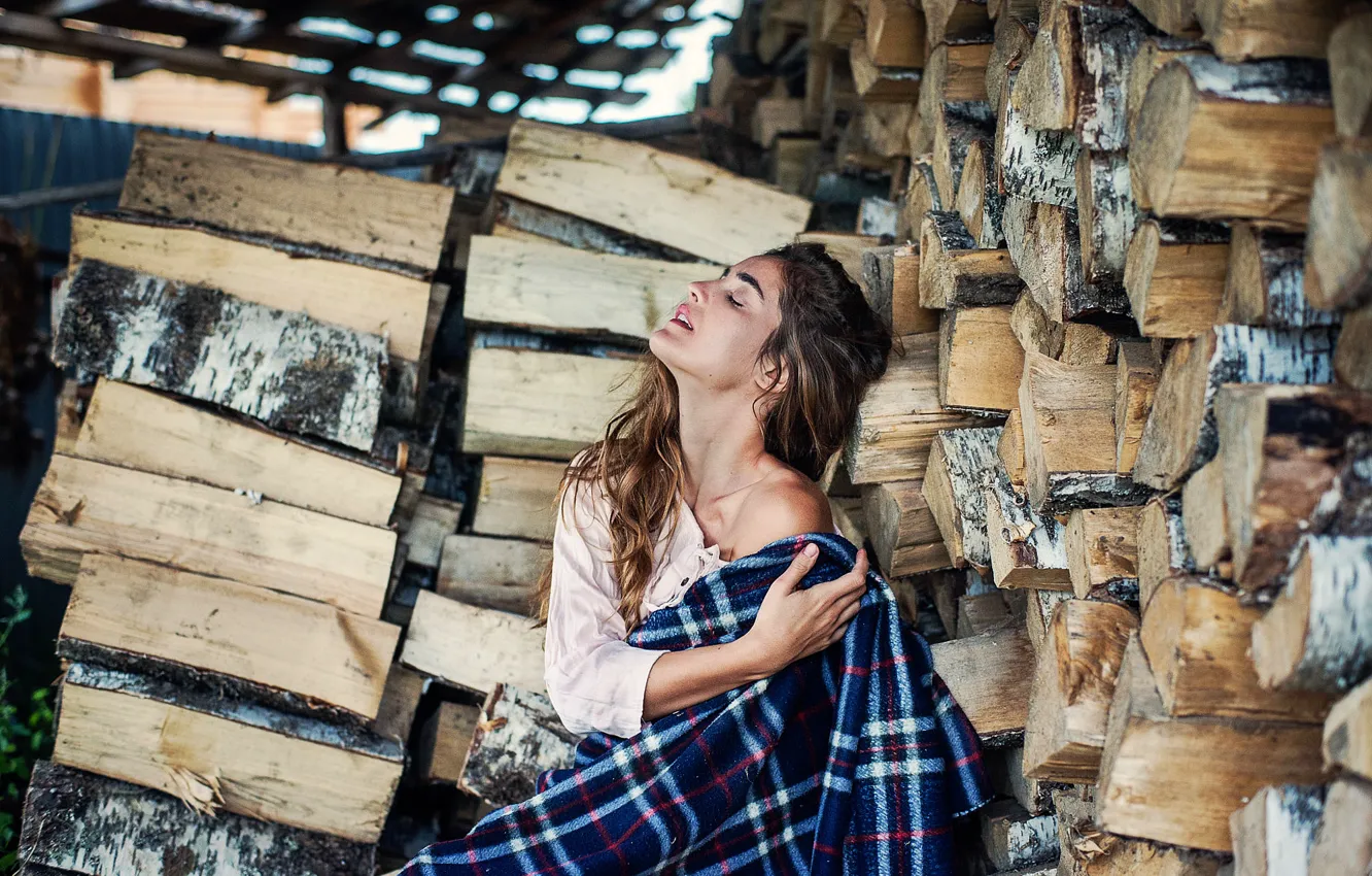 Photo wallpaper girl, wood, stack