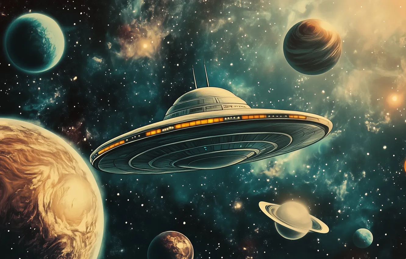 Photo wallpaper space, science fiction, stars, spaceship, planets, UFOs