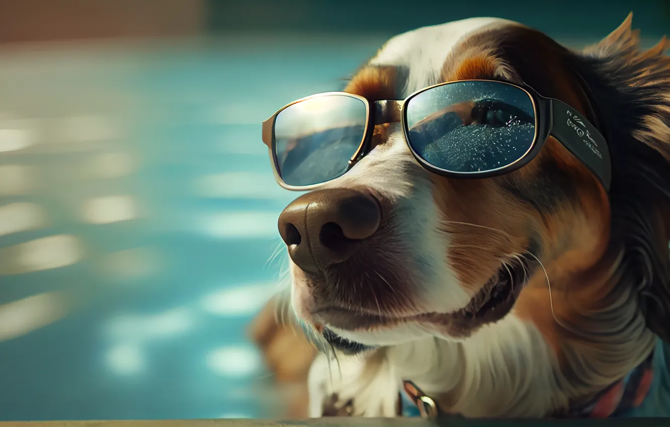 Photo wallpaper look, face, water, dog, Retriever, digital art, sunglasses, AI art