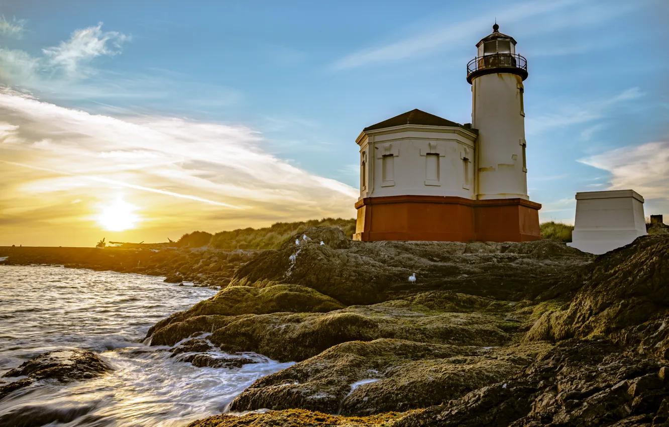 Photo wallpaper sunset, river, stones, shore, lighthouse, Oregon, USA, Coquille River