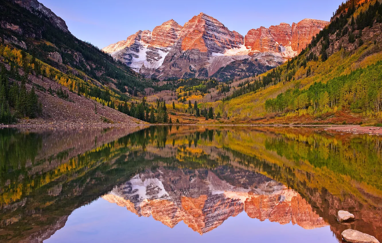 Photo wallpaper autumn, lake, reflection, mountain, morning, USA