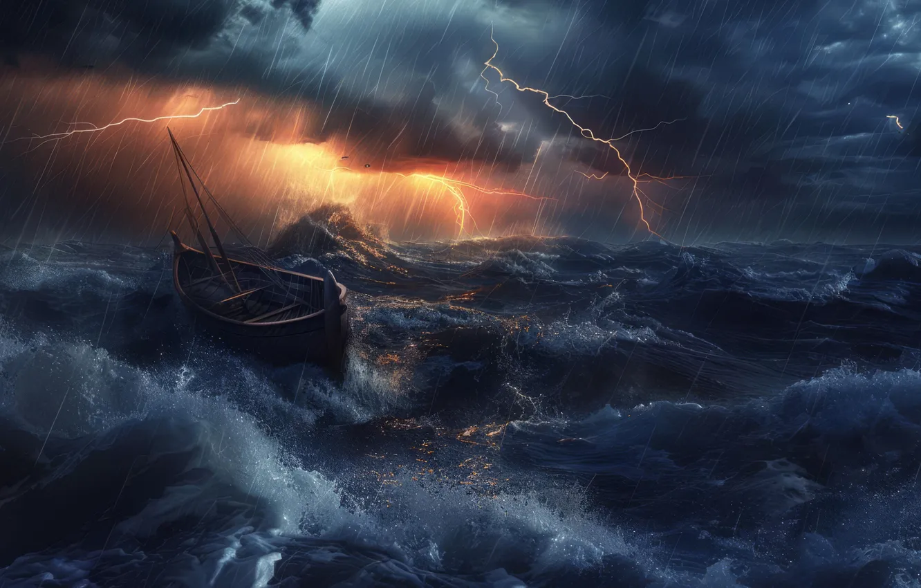 Photo wallpaper waves, storm, sea, Lightning, nature, boat, Thunderstorm
