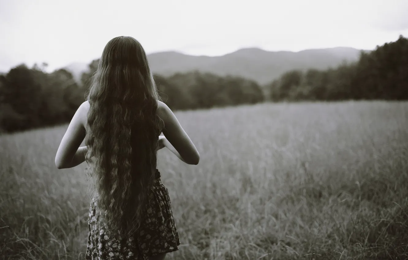 Photo wallpaper field, girl, dress, b/W, curls, The Journey, NoelleBuske